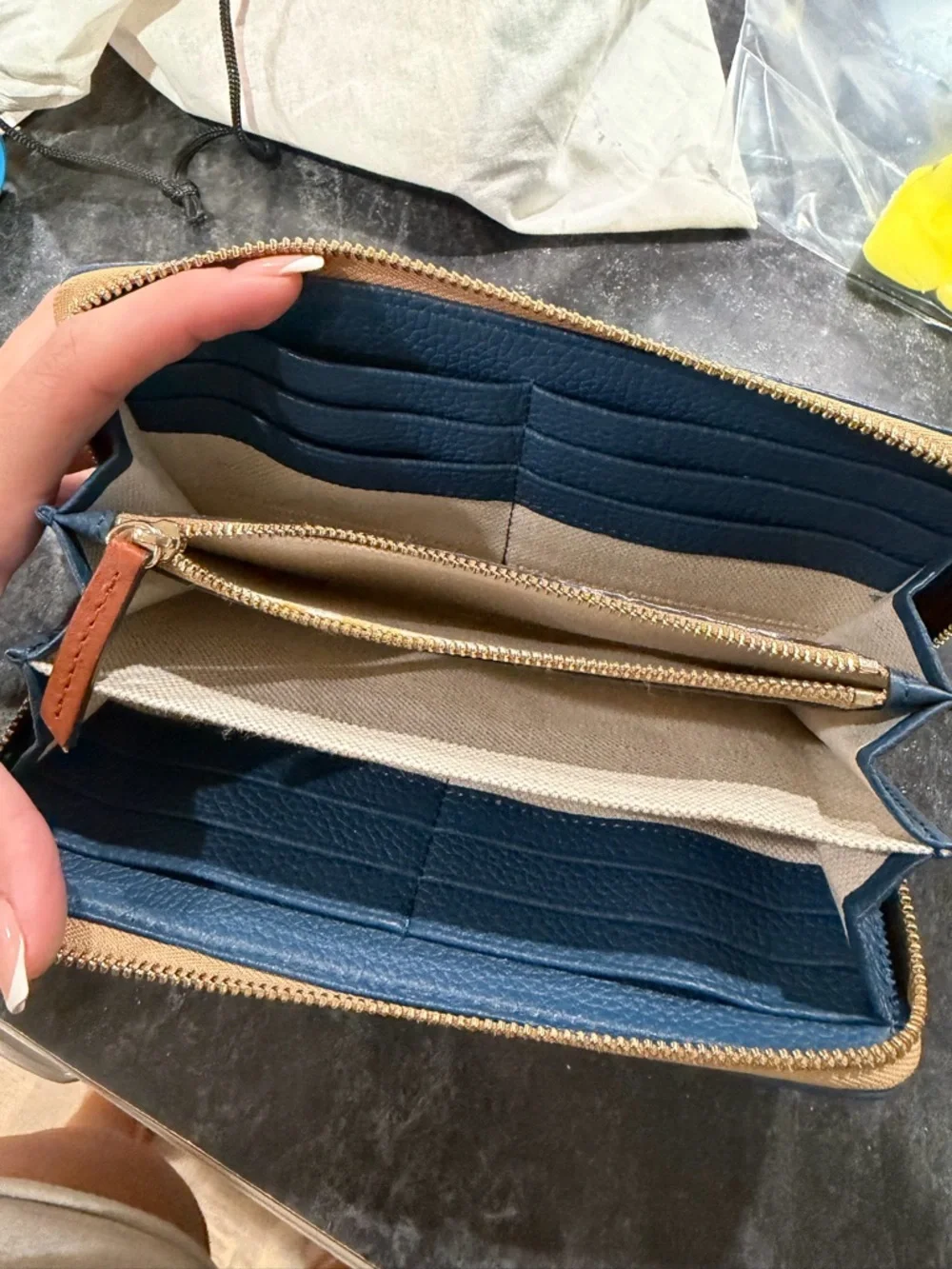 Dooney & Bourke Navy Pebbled Leather Zip Wallet with Brown Patch - Picture 10 of 11